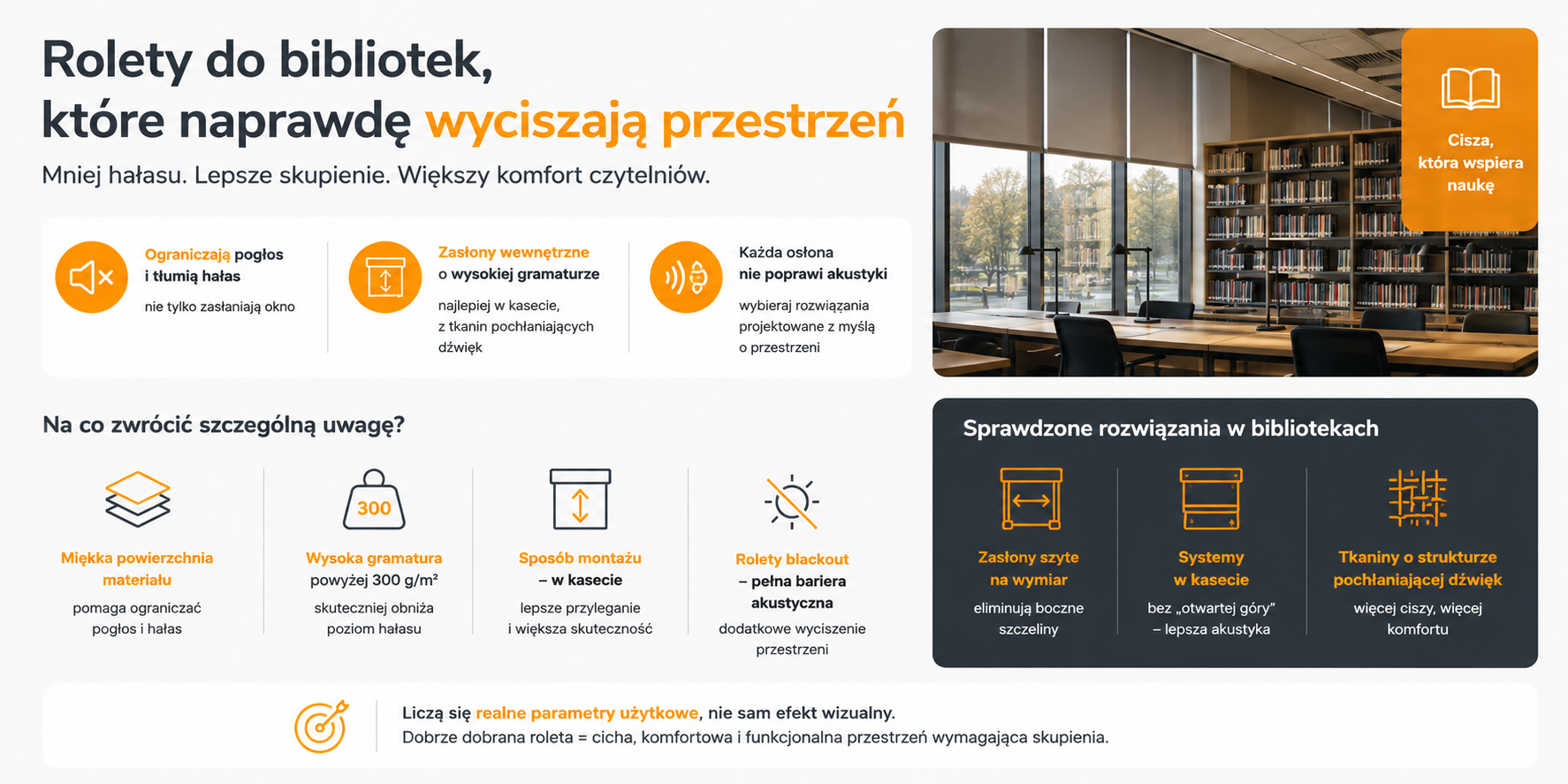 Rolety do biblioteki, które wyciszają przestrzeń