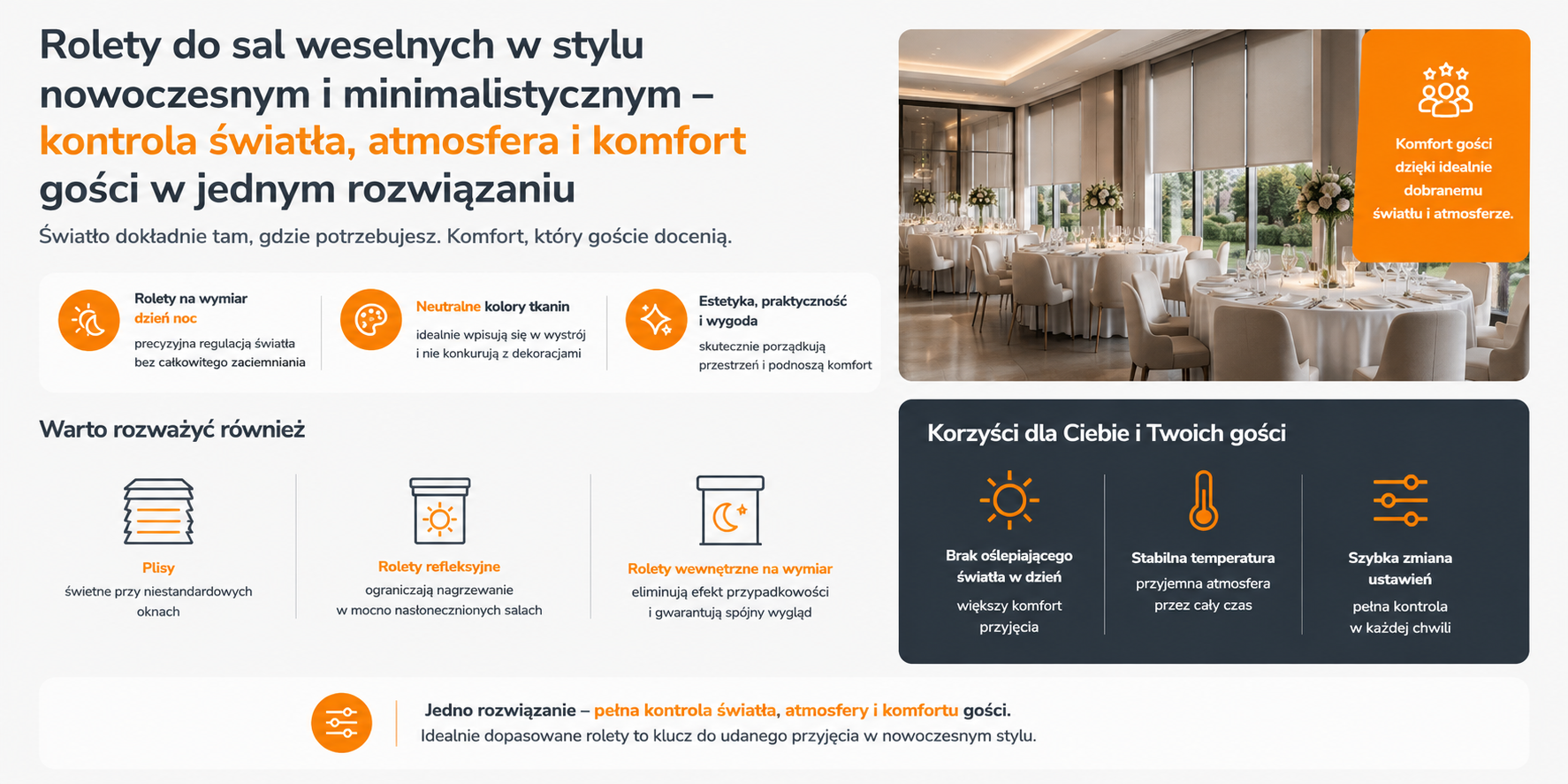 Rolety do sal weselnych w stylu nowoczesnym i minimalistycznym